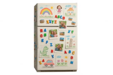 Refrigerator displaying children's drawings, family photos, and alphabet magnets