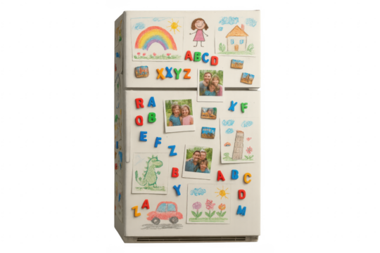 Refrigerator displaying children's drawings, family photos, and alphabet magnets