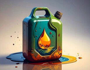 Cartoon fuel canister with an oil droplet and spillage
