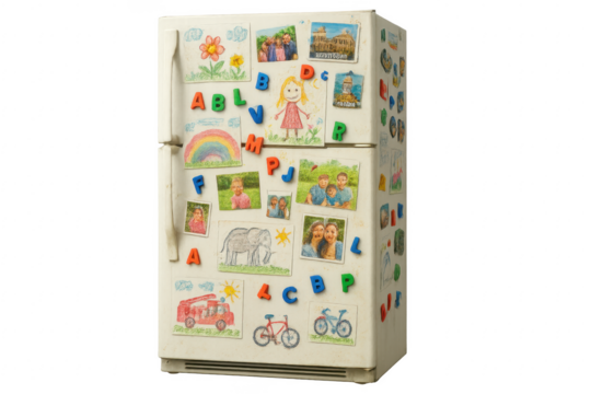 Refrigerator holding family photos and children's drawings with magnets