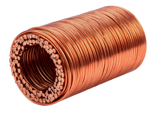 Rolled copper wires with an opening showcasing multiple strands inside, all against a dark backdrop