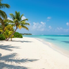 Obraz premium A pristine tropical beach scene with white sand, palm trees, and clear turquoise ocean water under a sunny blue sky, perfect for holiday relaxation ,island ,view ,rainforest