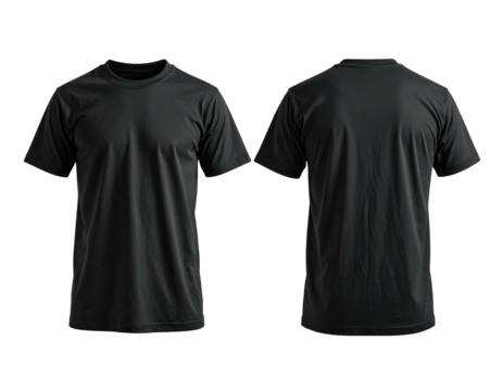 Plain black t-shirt, front and back view, showcased against a dark background, highlighting fabric texture & simple design
