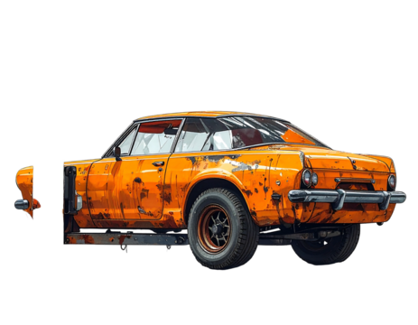 Rusting orange classic car, facing away, with missing body parts and corroded detail against a stark black backdrop
