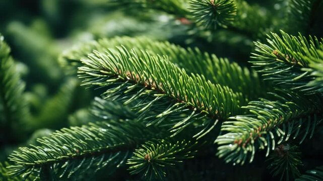 A detailed view of a pine needle branch from a Christmas tree, illuminated by a soft light source, capturing the texture and natural beauty.