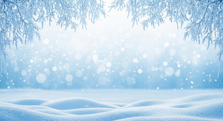 Winter wonderland with snowcovered branches, falling snow, and soft bokeh lights creating a magical and serene atmosphere