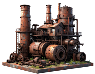 Rusting industrial factory with smokestacks & large pipes, sits on a square platform, with overgrown grass