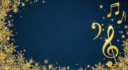 Golden musical notes and snowflakes on a dark blue background, elegant festive design for christmas or new year celebration