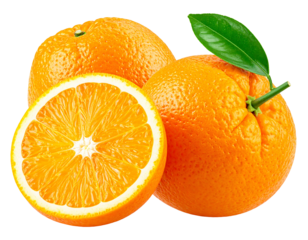 Three oranges, one cut in half, showcasing segments, with one leaf