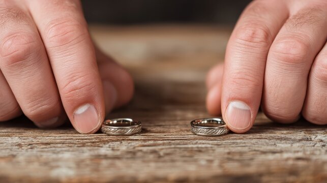 Two hands gently touch wedding rings placed on a wooden surface, symbolizing love, commitment, or a significant life event.