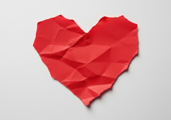 Fototapeta premium A heavily crumpled and torn piece of vibrant red paper cut into a heart shape, symbolizing emotional pain, heartbreak, loss, and disappointment in affection ,frustration ,end ,rejection