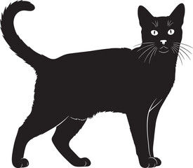 Majestic black cat silhouette standing alert with white eyes detailed whiskers and curled tail ready for action