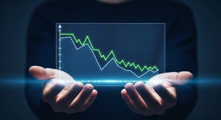 Hands holding a screen showing downward trending graphs.