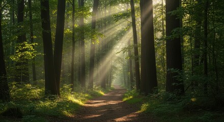 Obraz premium Dappled sunlight streaming through tall trees onto a winding dirt path in a deep, lush temperate forest during the late morning hours ,woodland ,bright ,light