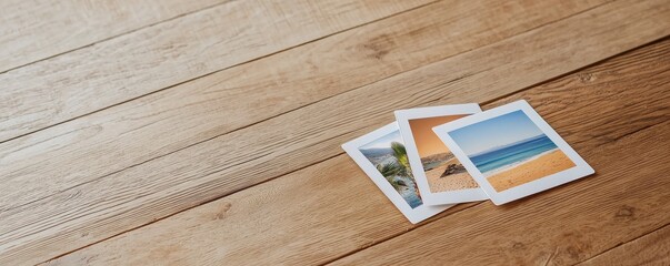 A collection of travel photographs rests on a wooden surface, evoking memories and nostalgia.