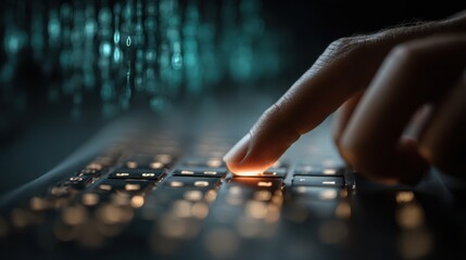 A close-up of a finger pressing a key on a keyboard, with a backdrop of digital code, symbolizing technology and data interaction.