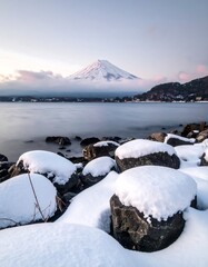 Snowy landscape with a majestic mountain peaking out from the clouds, beside a lake