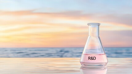 A laboratory flask labeled R&D with a serene ocean backdrop at sunset.