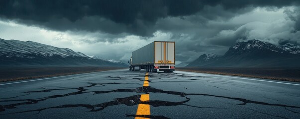 A large truck on a cracked road under a stormy sky with mountains in the background.