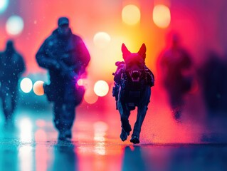 A police dog runs ahead, showcasing teamwork and bravery in a vibrant, dynamic scene.