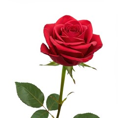 Naklejka premium Vivid red long stem rose isolated against a pure white background, symbolizing love, passion, and elegance ,wedding ,studio shot ,passion