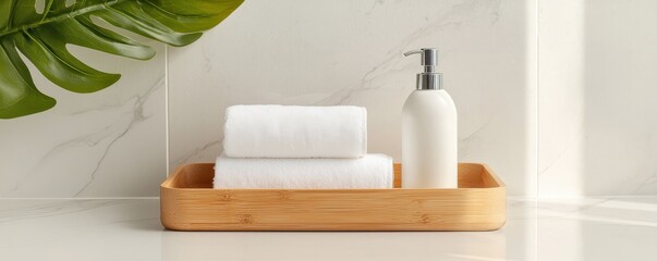 A serene bathroom scene featuring towels and a soap dispenser on a wooden tray.