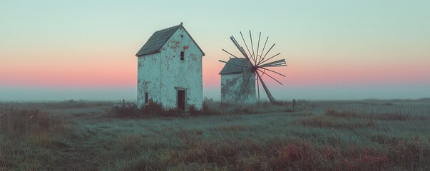 A serene landscape featuring old windmills against a colorful sunset sky.
