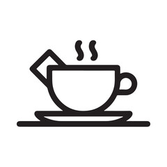Simple line art icon of a steaming hot tea cup on a saucer