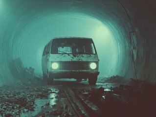 A vintage van illuminated by headlights in a dark, eerie tunnel filled with mist.