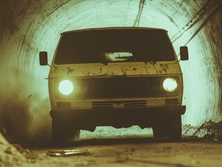 A weathered van driving through a dimly lit tunnel, evoking mystery and adventure.