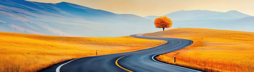 A winding road through vibrant golden fields under a serene sky.
