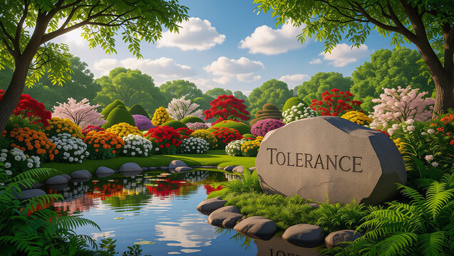 A peaceful landscape symbolizing the International Day of tolerance, international day of peace, vibrant garden, vibrant green leaf's, love nature  - Powered by Adobe