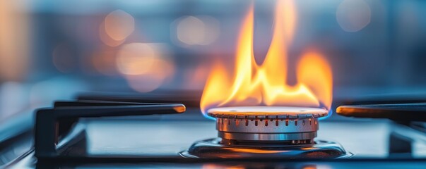 Close-up of a gas stove burner with flames, representing energy and cooking.