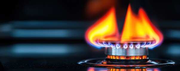 Close-up of a gas stove flame illuminating the surrounding area with vibrant colors.