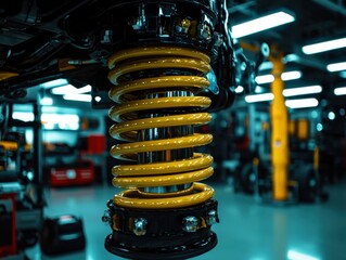 Close-up of a yellow car suspension spring in a modern workshop environment.