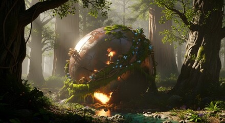 Mysterious Glowing Orb in an Enchanted Forest with Lush Greenery and Sunlight.