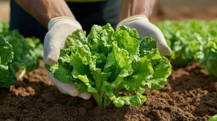 Close-up of hands gently harvesting fresh lettuce from rich soil in a garden.
