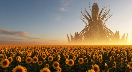 Mysterious Alien Mothership Arrives Over a Field of Sunflowers.