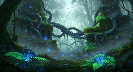 Enchanted Bioluminescent Forest with Glowing Plants and Mystical Atmosphere.