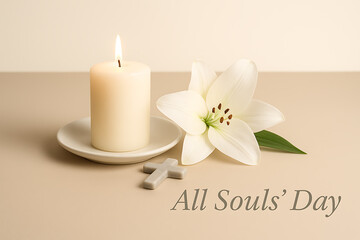 Peaceful candle and white lily with cross on beige background symbolizing all souls day remembrance hope and eternal faith