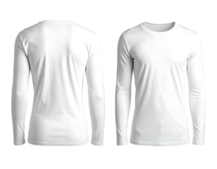 Plain white long-sleeved shirt, viewed from front and back, isolated on a black background for design customization