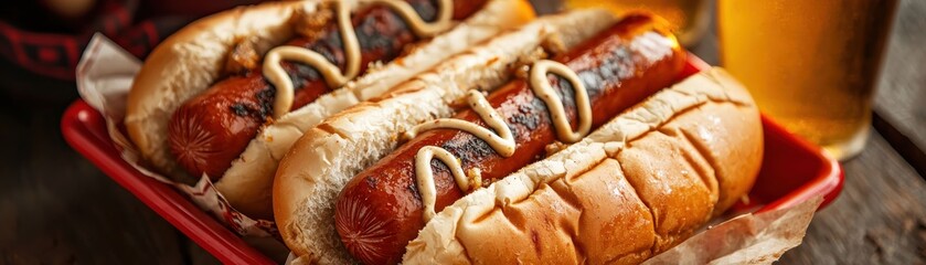 Delicious hot dogs served with mustard in a rustic setting, perfect for summer gatherings.