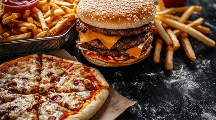 Delicious fast food spread featuring a burger, pizza, and crispy fries.