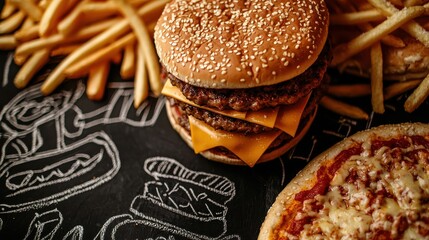 Delicious cheeseburger with fries and pizza on a black background with food sketches.