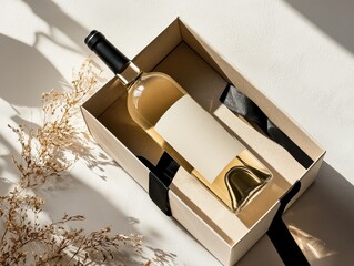 Elegant white wine bottle presented in a chic gift box with decorative elements.