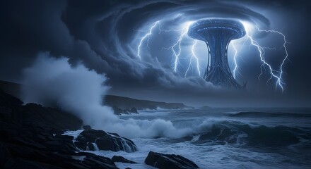 Dramatic Storm Over Ocean: Lightning Strikes and Turbulent Waves.