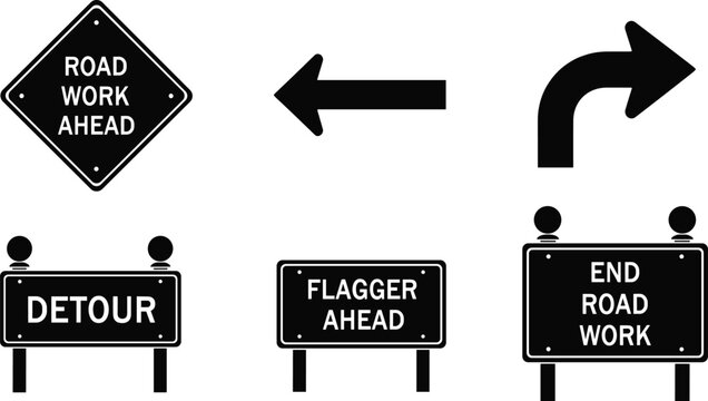 Road work signs, construction zone signage, detour notice, flagger ahead, traffic control, directional arrows, safety signs, highway maintenance, caution symbols