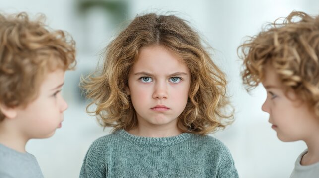 A girl with curly hair looks upset while two boys with similar hairstyles stand on either side, creating a tense atmosphere. - Powered by Adobe