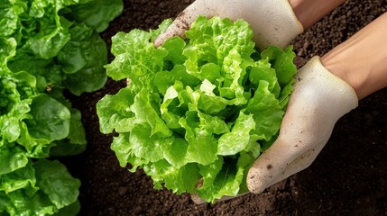 Freshly harvested lettuce held gently in gloved hands, showcasing vibrant green leaves.