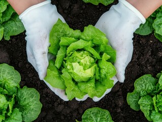 Freshly harvested lettuce held in gloved hands, surrounded by healthy green plants.